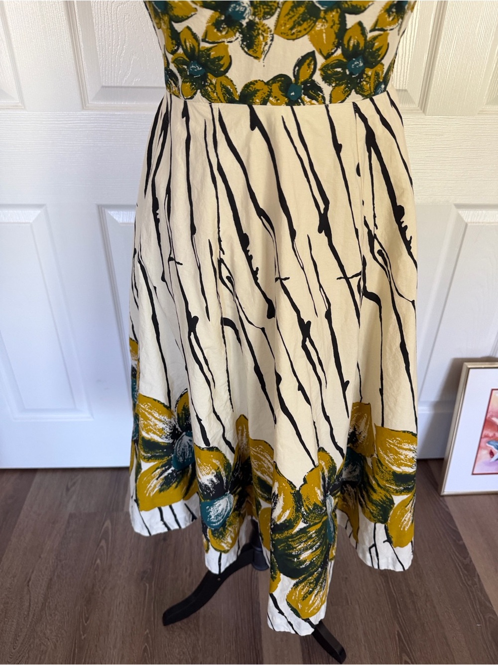 Halter Chartreuse Floral Midi Dress in White, Mustard & Green artsy style - Picture 3 of 12
